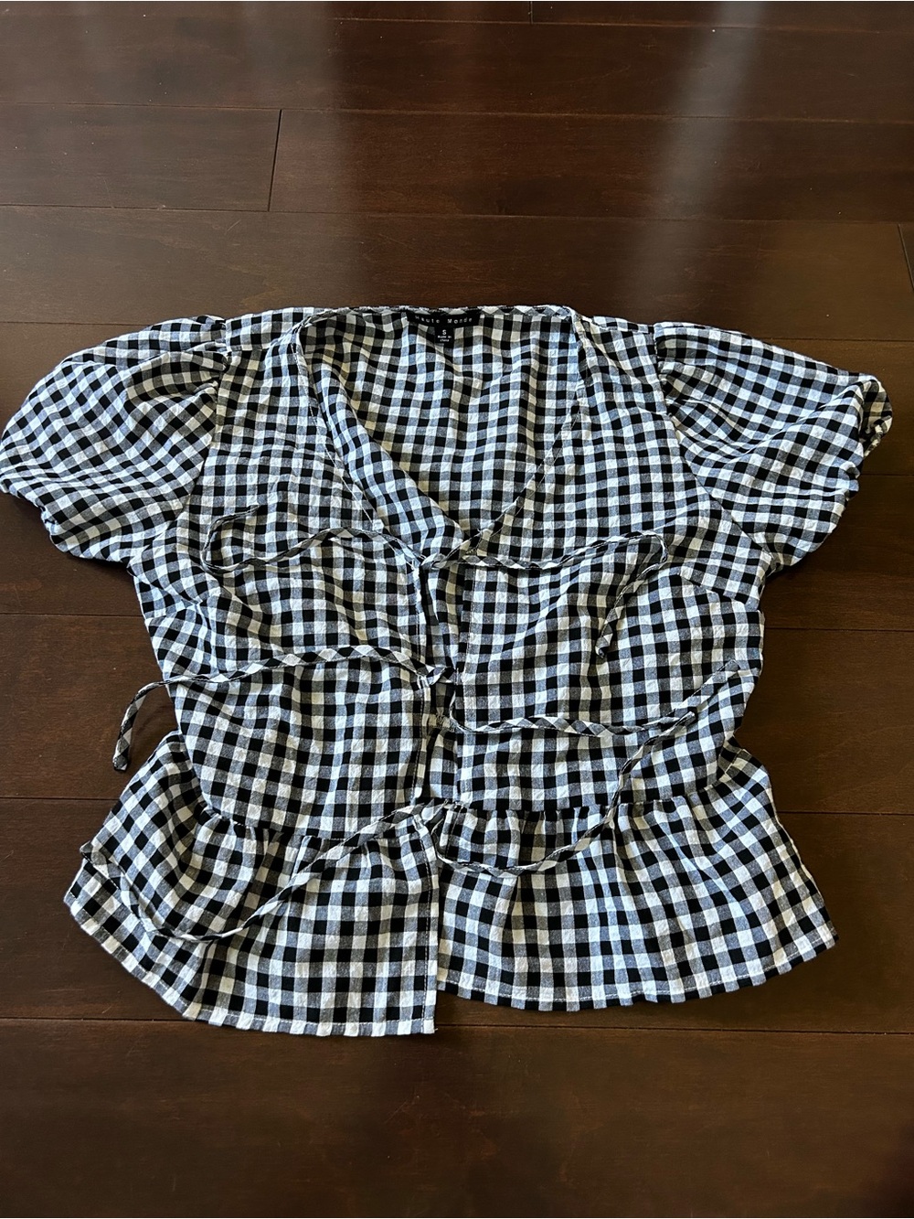 Black & White Gingham Women's Peplum Tie-Front Top